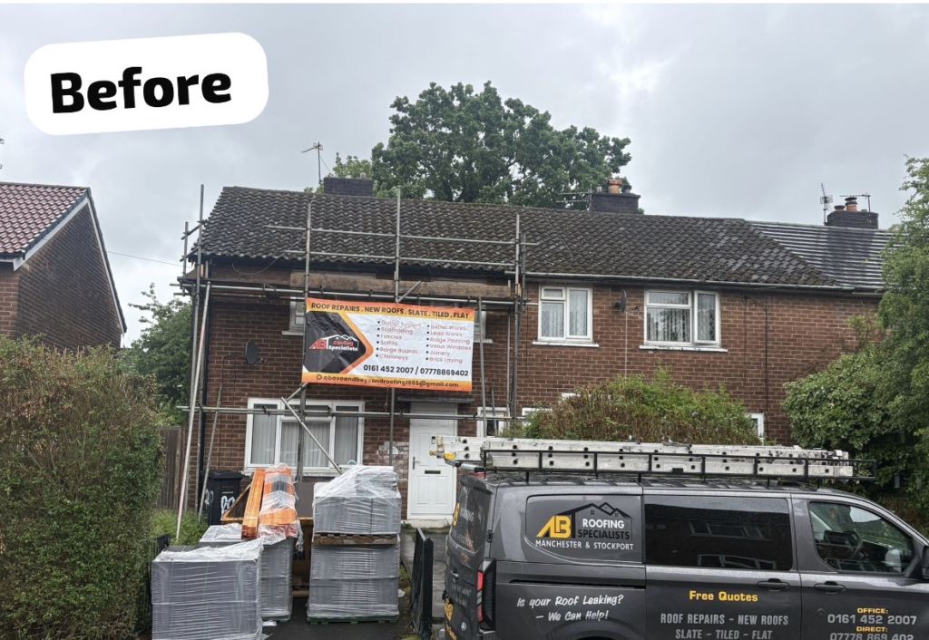 Mid-terrace roof retiling including ridge and gutter works — Before