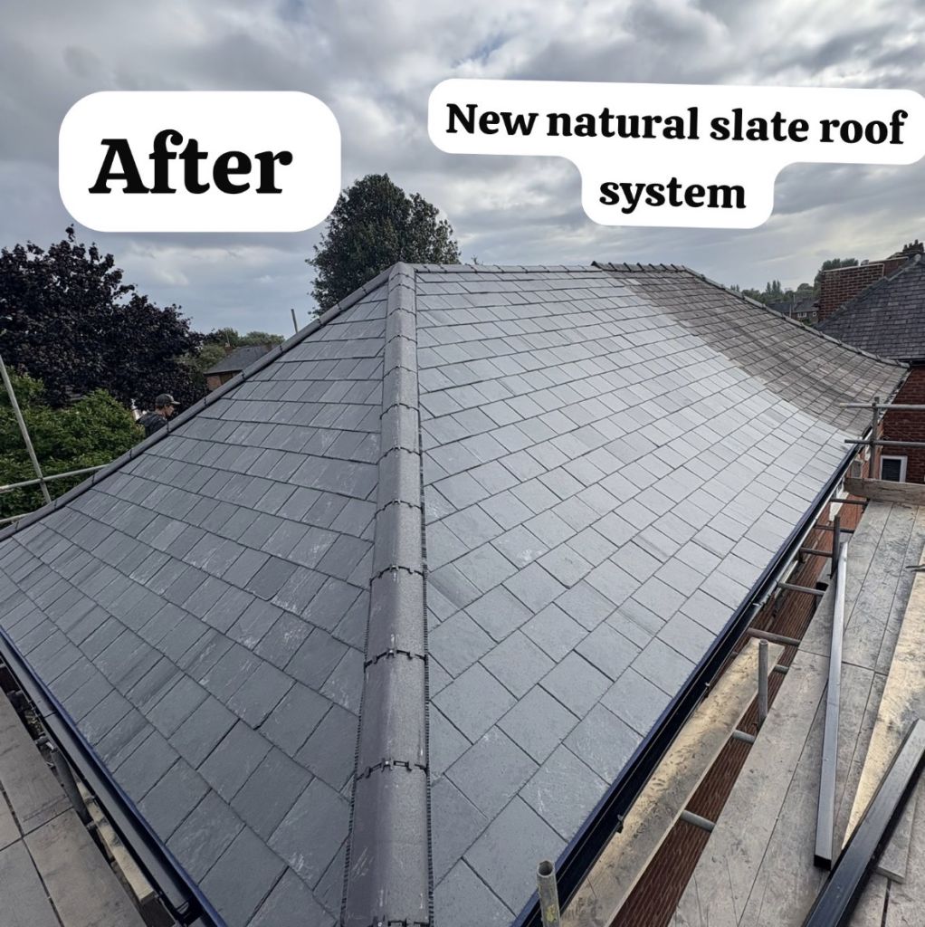 Natural slate re-roof on brick detached house — After