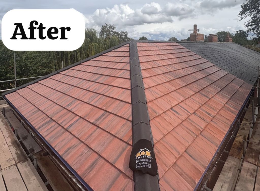 Red tile pitched roof re-roofing with ridge detail — After