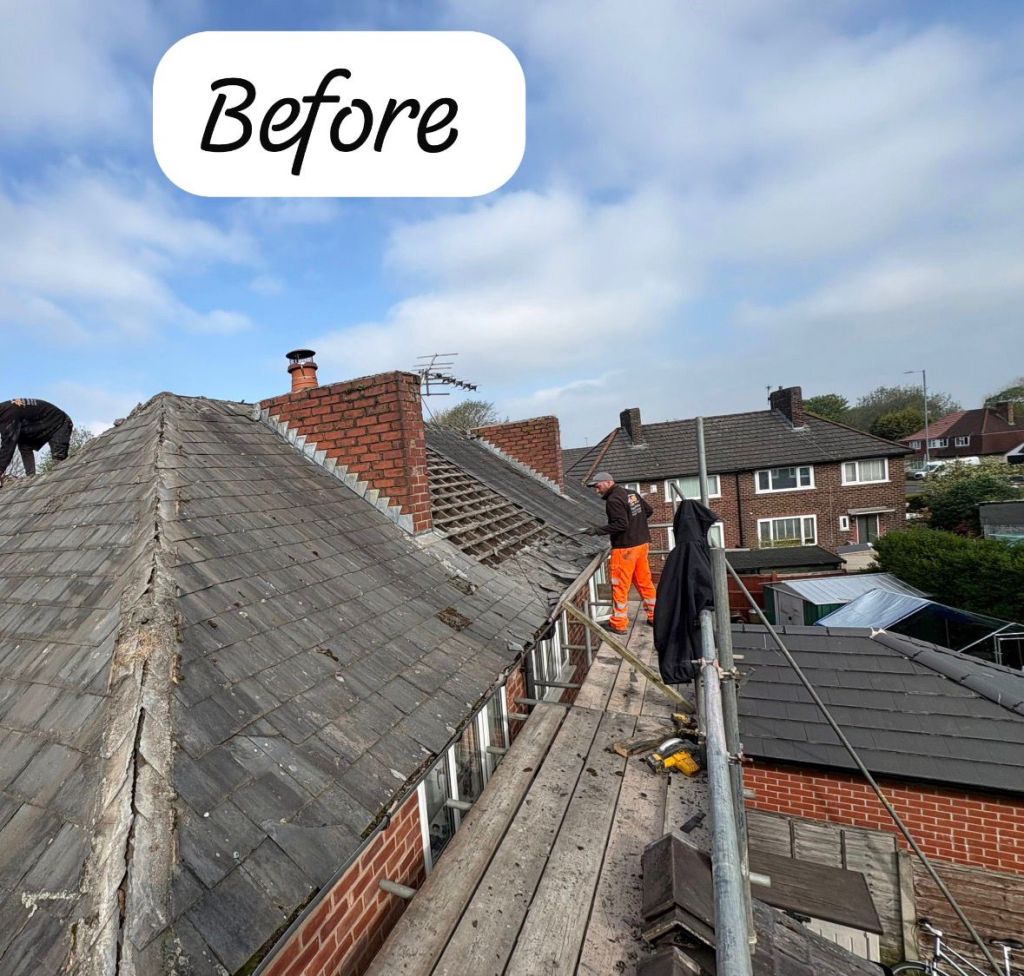 Grey tile roof re-roof with ridge repairs — Before