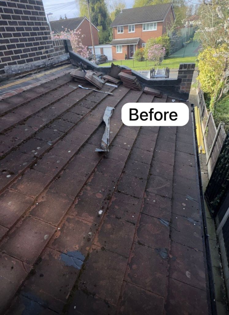 Red concrete tile roof rebuild with valley detail — Before