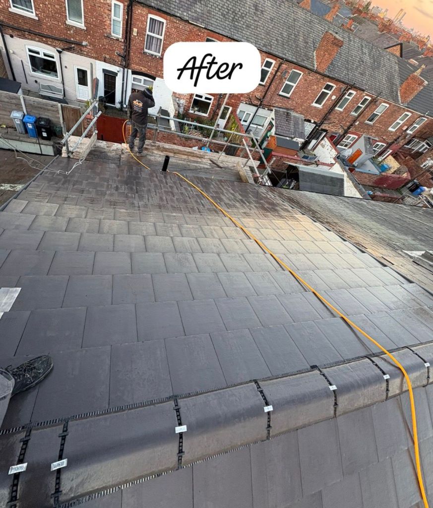 Terraced row grey slate re-roof with scaffolding access — After