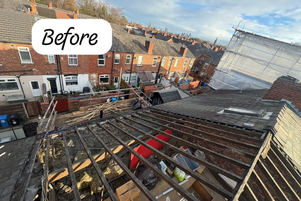 Terraced row grey slate re-roof with scaffolding access — Before