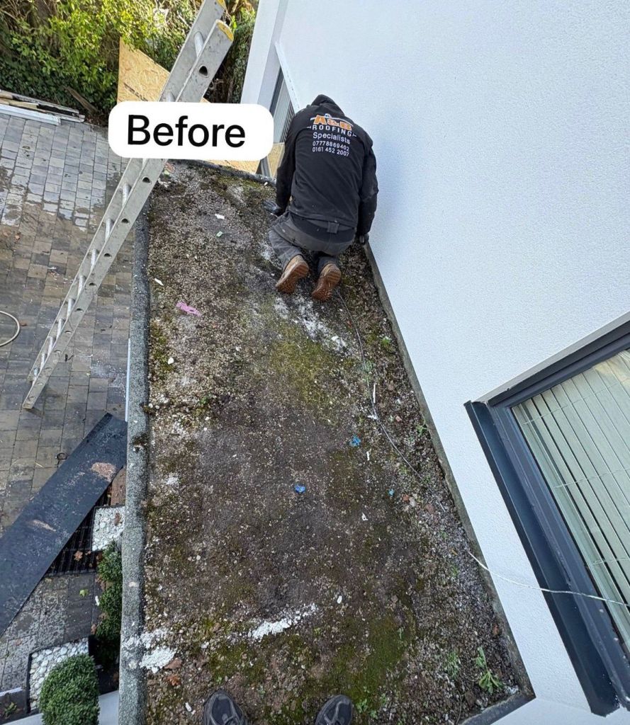Flat roof reinstatement with new rubber roof system — Before