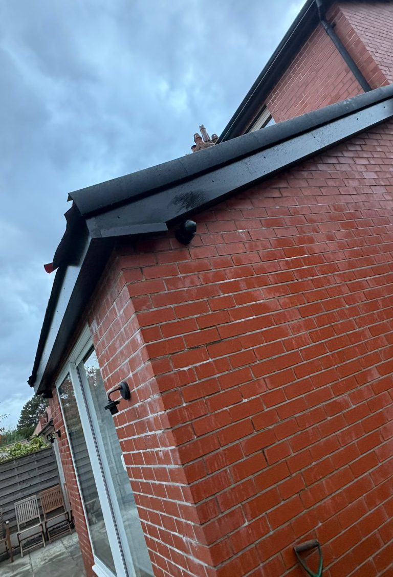 Black gutter and fascia at the roof edge